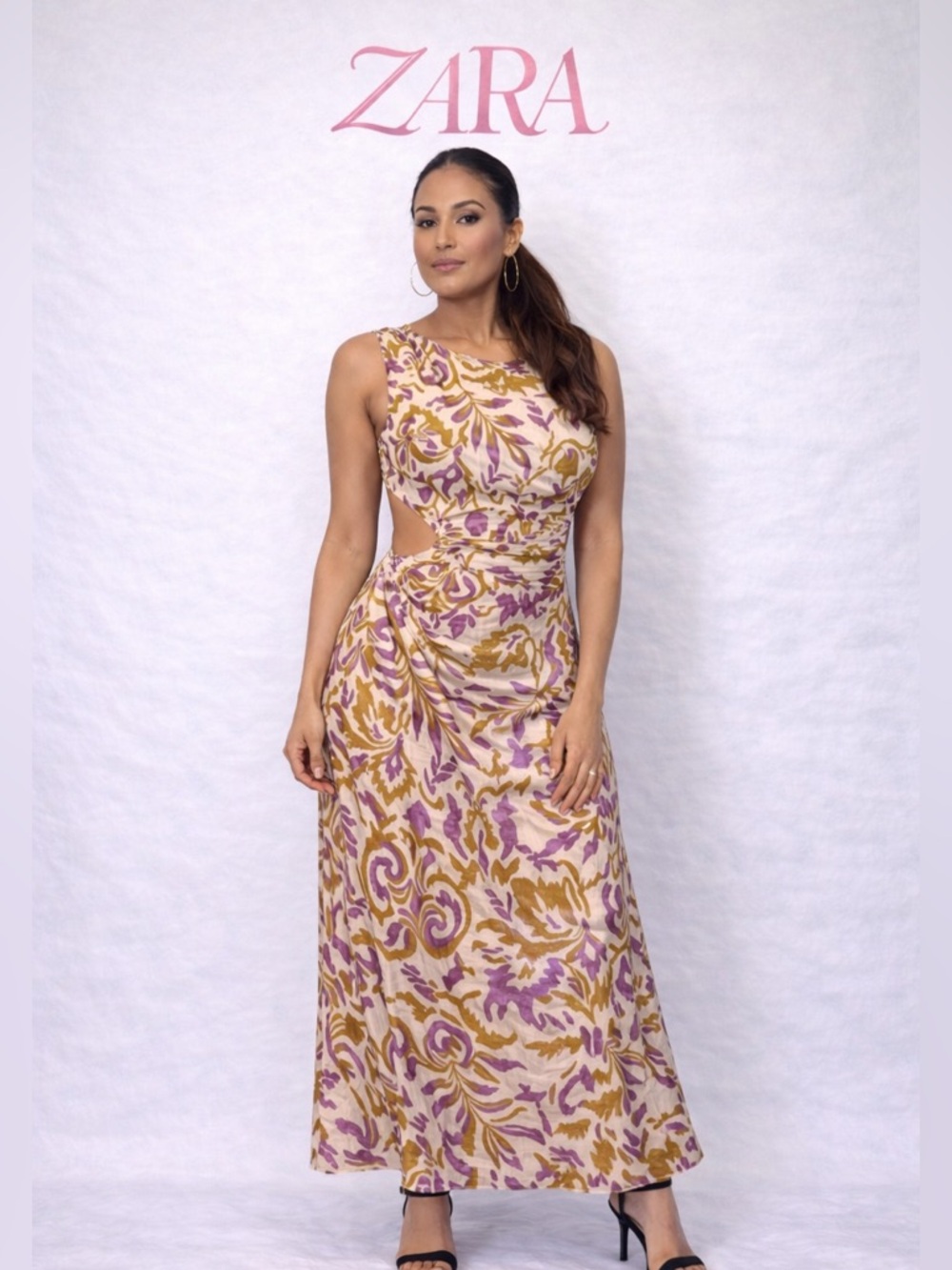NWOT ZARA Pink and Gold Printed Maxi Dress with Cutout Waist size XL